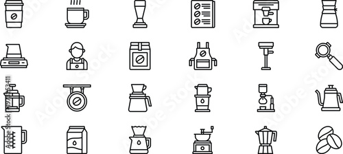 Modern Cafe Culture and Coffee Preparation Outline Icon Collection