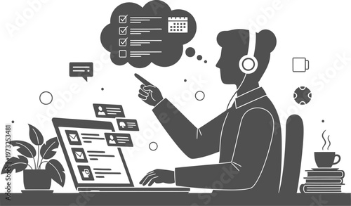 Female operator silhouette managing digital tasks and calendar