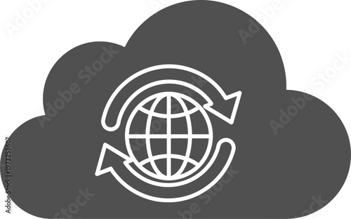 Global synchronization symbol featuring a globe inside a cloud