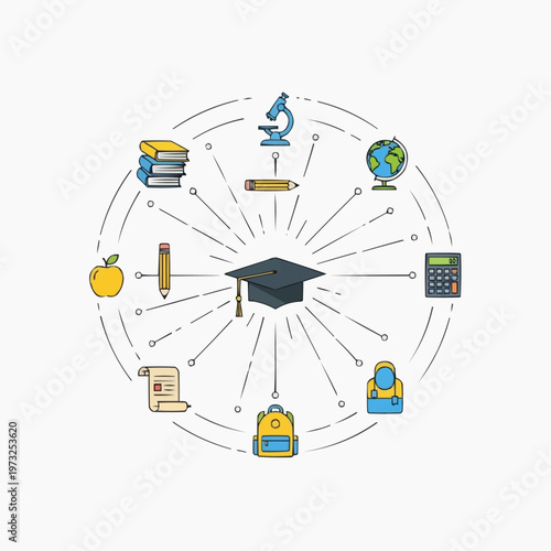 Graduation cap surrounded by educational tools in this creative vector graphic for school design concepts