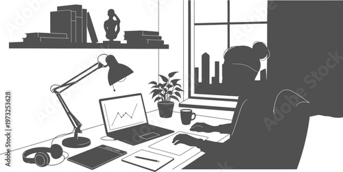 Graphic designer silhouette working on laptop with tablet and stylus