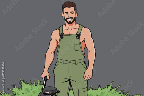 Handsome Man in Green Overalls with Lawn Mower