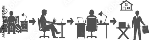 Infographic showing a daily routine from waking up to office work