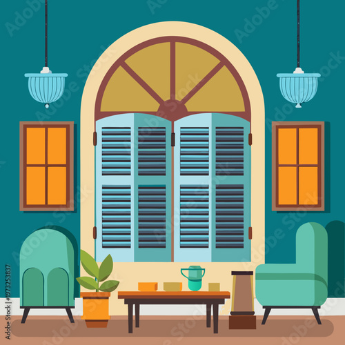 Colonial interior with arched window and furniture