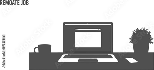 Laptop on desk with plant and coffee for remote job