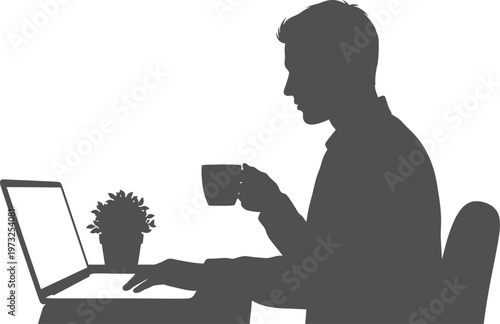 Man taking a coffee break while browsing on a laptop