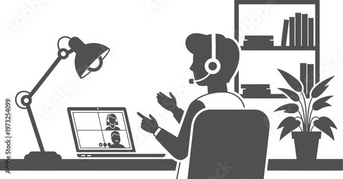 Man with headset participating in online video conference call