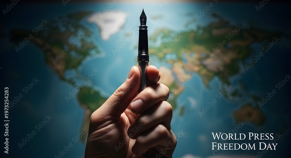 Fototapeta premium A hand holds a pen in front of a world map on World Press Freedom Day