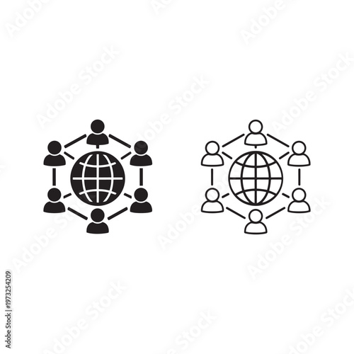 Global network people icon set — solid and outline globe with connected human figures for international team, community and worldwide collaboration, flat black vector illustration