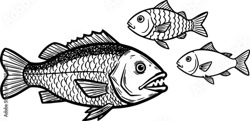 Black and white line art illustration of a school of fish. Hand drawn style sketch of a big predatory fish and small fishes isolated on white background.
