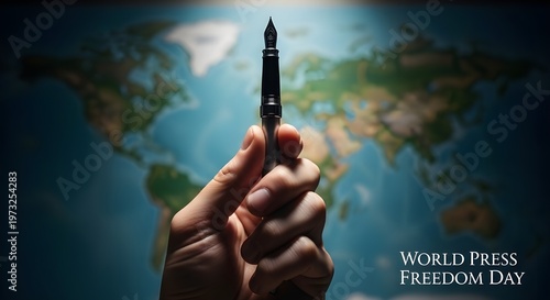 A hand holds a pen in front of a world map on World Press Freedom Day
