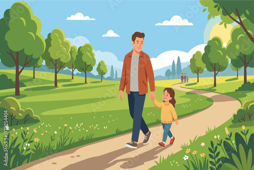 A man and a little girl walking on a winding path in a green park with trees and flowers.