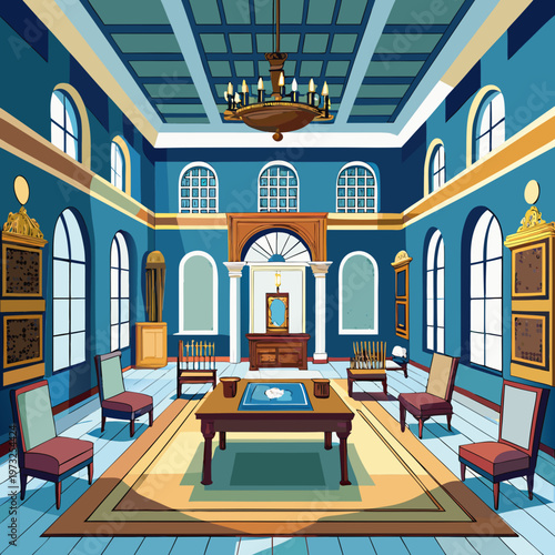 Grand Colonial Hall with Ornate Furniture and Chandelier