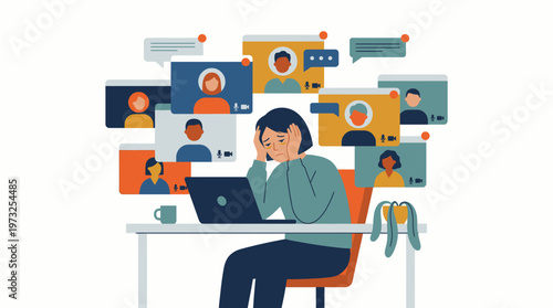 Frustrated person at a home office desk with a laptop, weak wifi and low battery icons. Burnout, technical issues, isolation, and digital exhaustion illustration.