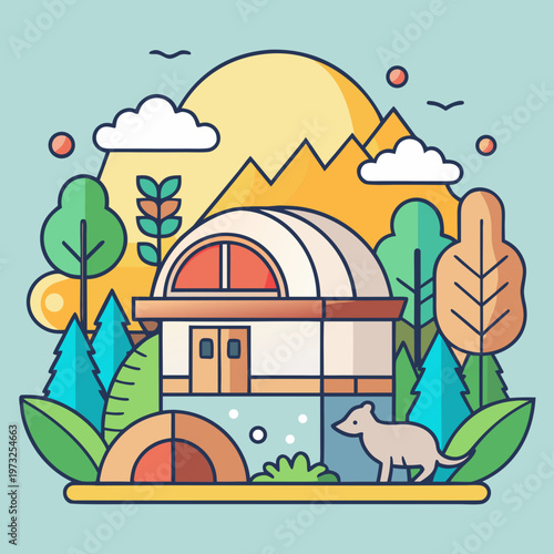 Modern dome home with tent and dog in a sunny habitat