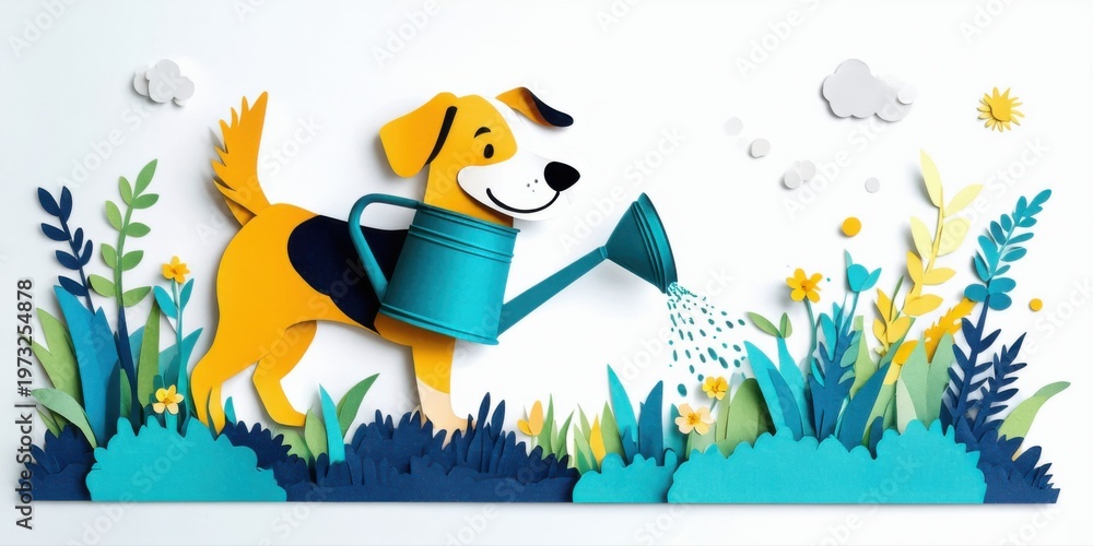 Fototapeta premium Papercraft depicts happy dog watering plants. Bright colors, simple shapes create cheerful garden scene. Sunlight, clouds complete idyllic setting.