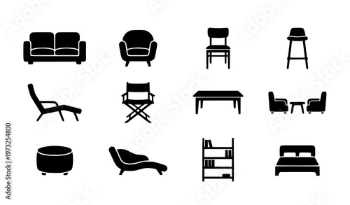Solid black furniture icon set with sofa armchair dining chair bar stool and seating symbols vector collection