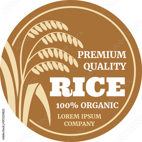 Premium quality organic rice label featuring a stylized rice plant illustration