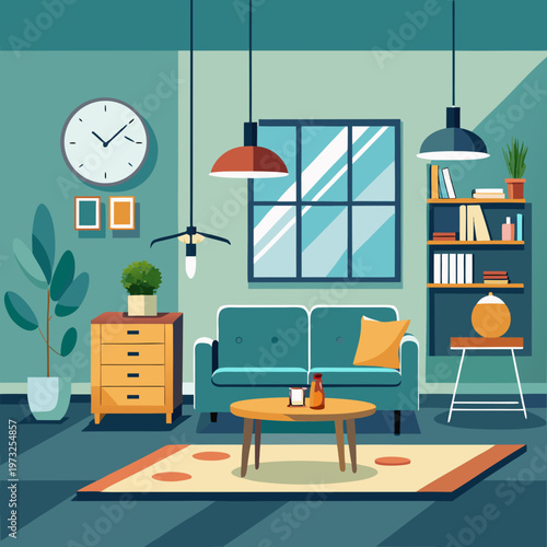 Modern Living Room Interior Design with Teal Sofa