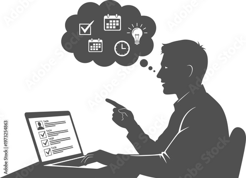 Project manager silhouette thinking about tasks and deadlines while working