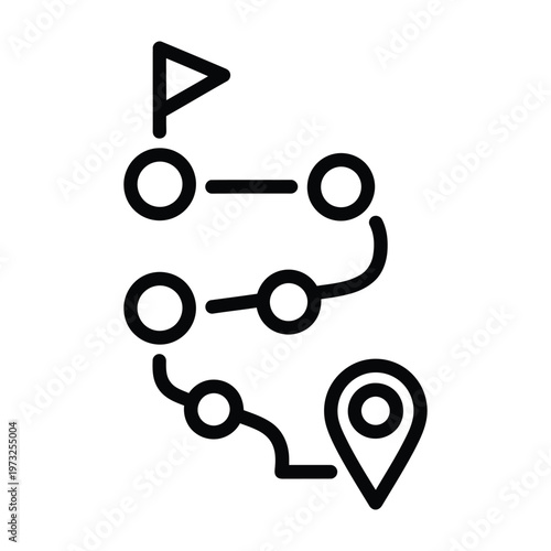 Navigation route with points and pin icon, representing journey and destination, route planner, route planning, route map, way finding