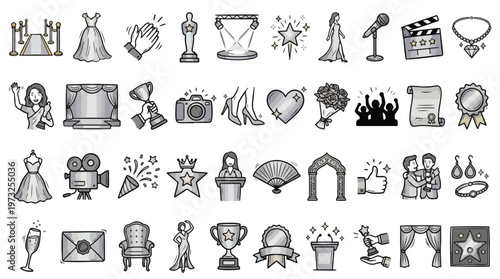 Pakistani Cinema Awards Icon Set in Linear Style. A collection of entertainment linear icons, including red carpet, trophy, Pakistani actress, film, dress, jewelry, fan, and more. Vector.