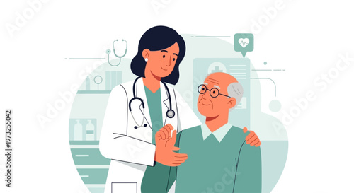 A compassionate female doctor offers gentle assistance and support to an elderly male patient, highlighting empathetic senior care. This Flat Design conveys kindness and dedicated medical service.