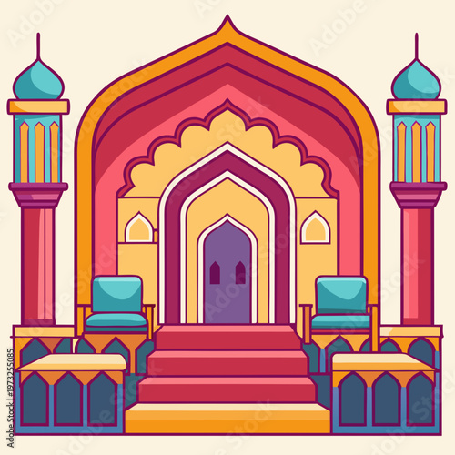 Mughal Palace Interior with Throne and Minarets