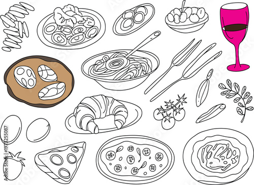 Italian food set with pasta, pizza, croissant, and red wine glass hand drawn vector illustration
