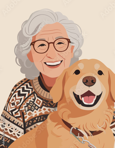Happy Elderly Woman with Golden Retriever Dog