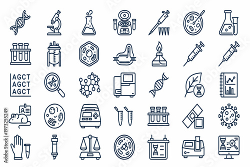 Science icons depict various laboratory equipment and tools