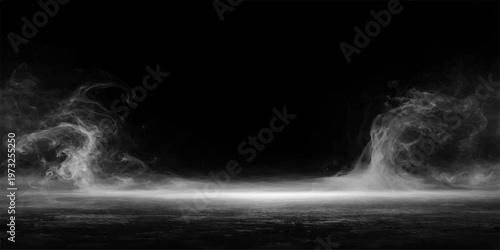 Abstract white smoke motion swirling against a dark black night sky like a storm cloud or fog texture in space