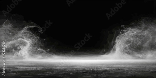 An abstract motion of a bright water splash with white texture exploding against a dark stormy night sky and black smoke clouds