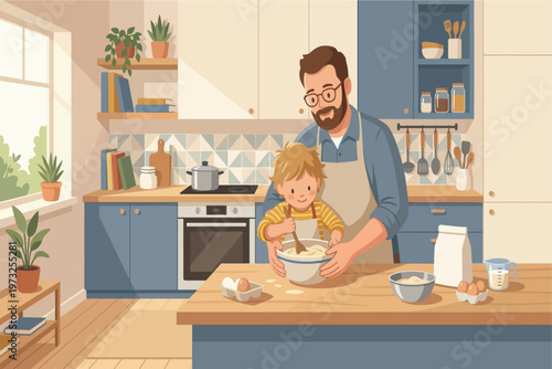 Father and son baking cookies together in a modern kitchen