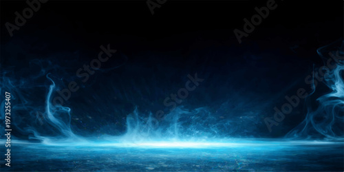 Abstract dark blue smoke swirls through a black night sky creating a textured cloudscape of stormy lightning and deep ocean colors