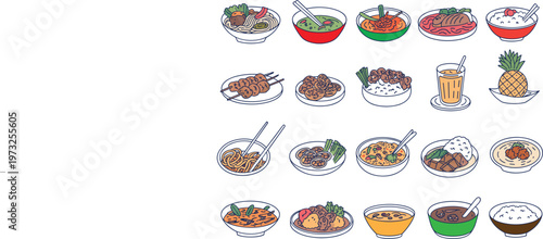 Asian food collection with noodles, rice bowls, soup and skewers, colorful Japanese vector illustration set
