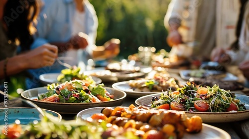 People gathering for an al fresco dinner, sharing various healthy dishes including fresh salads and skewers at sunset