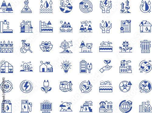 Sustainable Ecology and Green Renewable Energy Outline Icon Set