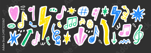 Punk rock doodle set with sketched icons, lightning bolts, hearts, and vintage grunge textures. Perfect for collage and scrapbook projects. Vector illustration.