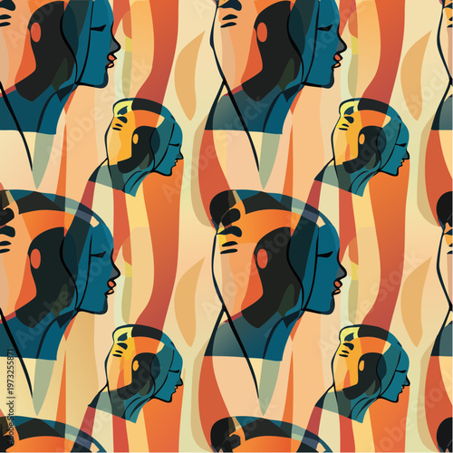 Abstract human figures in a seamless pattern showcasing diverse profiles and a blend of colors.
