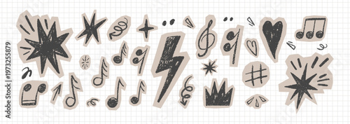 Hand-drawn music notes and rock elements with crayon texture. Punk doodle stickers featuring lightning bolts and hearts for scrapbook and collage project. Black vector illustration.