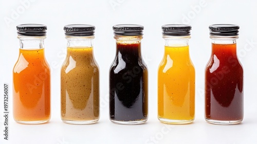 Colorful Elixirs: An inviting array of miniature glass bottles, each containing a vibrant, delectable sauce, invites a sensory exploration of flavors and aromas.