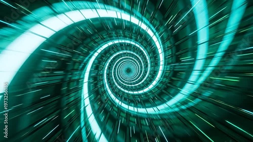 Spiral sci-fi tunnel with cyan green light lines and circular layers