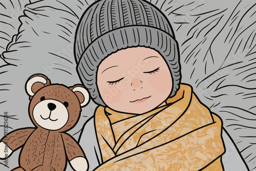 Sleeping Baby with Stuffed Bear and Blanket