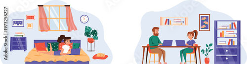 A depiction of remote work and relaxation in a cozy home setting