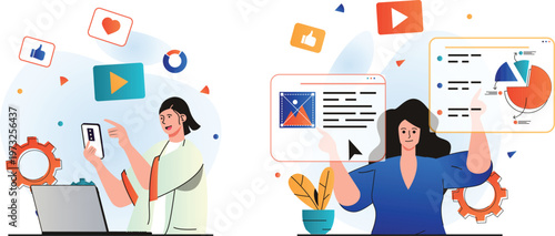 Professionals utilizing digital tools and social media for engagement and analytics