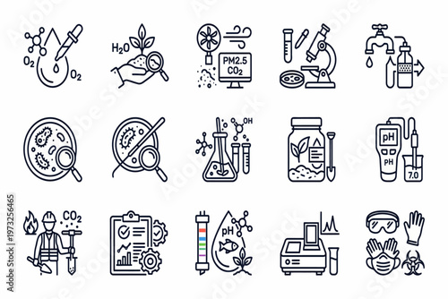 Various science laboratory equipment and tools icons are shown