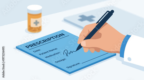 A doctor's hand is shown writing a prescription, symbolizing the provision of medical treatment and care. This is a clean and clear Flat Design illustration of a common medical action.