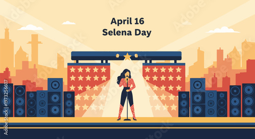 Illustration of a female singer on stage celebrating Selena Day on April 16 with a city skyline in the background.