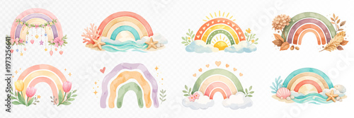 Collection of pastel rainbow clipart with banners, florals, clouds, shells and sea inspired accents, whimsical nursery illustration set in soft hand painted style. Vector illustration.